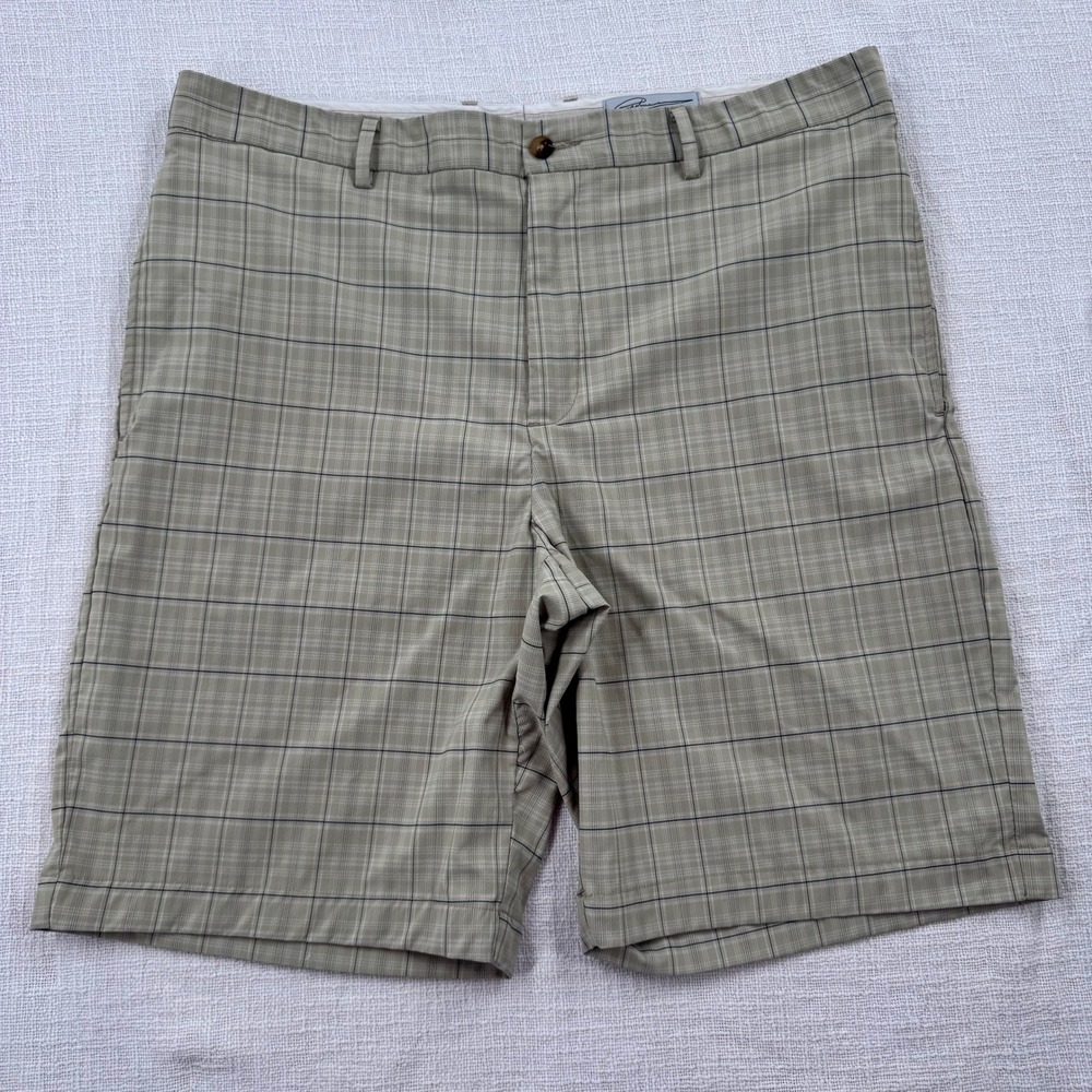 Greg Norman Mens 38 Tan Plaid Golf Shorts Performance Stretch Flat Front